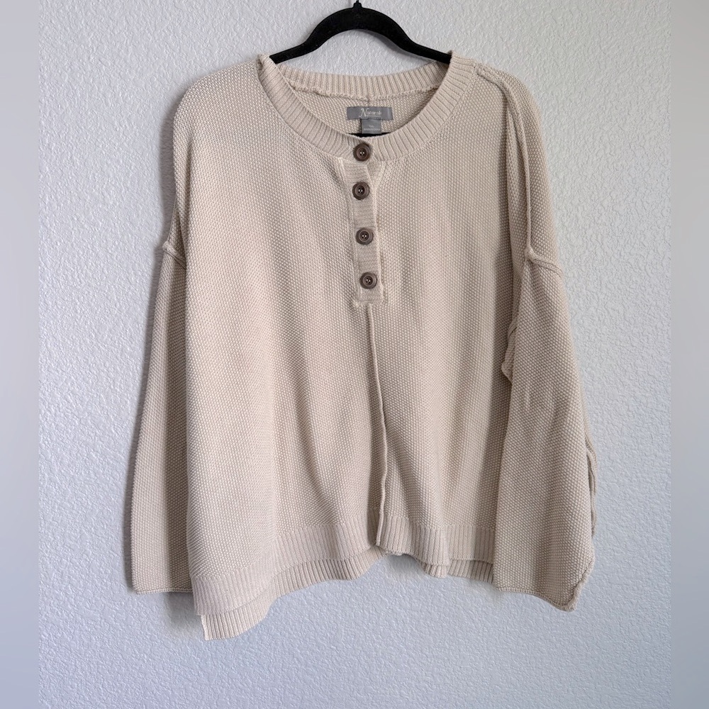 Natural reflections raw hem Henley Cream Button-Up oversized crochet Sweater XXL